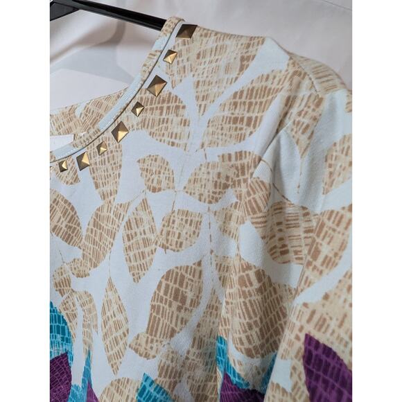 Alfred Dunner Shirt Womens Size Small Blue Teal Purple Leaf Print 3/4 Sleeve Top - Picture 2 of 15